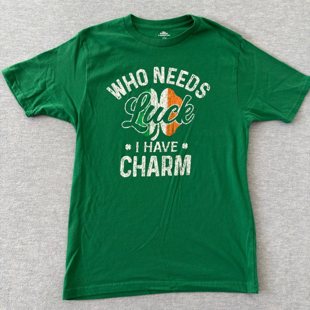 Way to Celebrate Mens Green Who Needs Luck I Have Charm St Patricks Day Tee S
